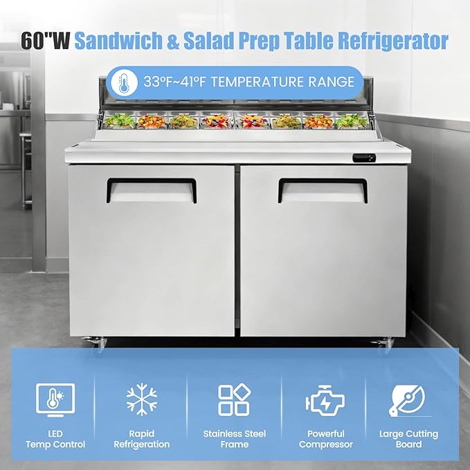 60" W Commercial Refrigerator Sandwich Salad Prep Table, Stainless Steel 2-Door Sandwich Prep Table Refrigerator, Counter Fan Cooling Refrigerator with 16 Pans for Restaurant, Bar