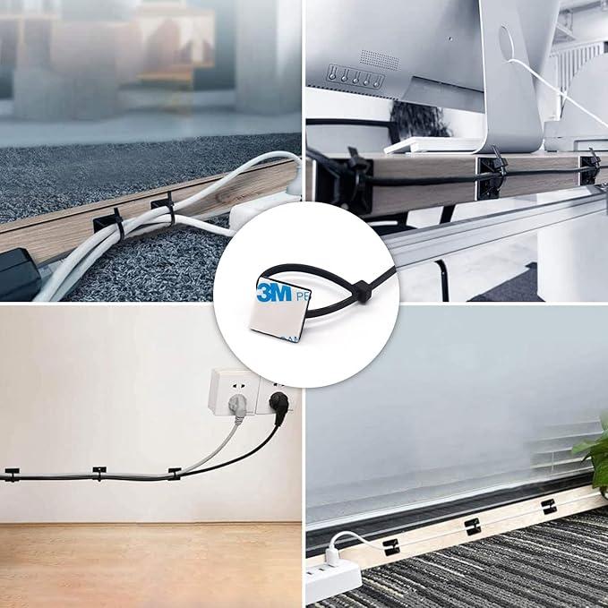 Strong Back-Glue Self Adhesive Cable Zip Tie Mounts Kit - 100 Set Cable Management Clips with 6" Zip Ties, Wire Holders - Outdoor Sticky Wire Organizer Clips-Black
