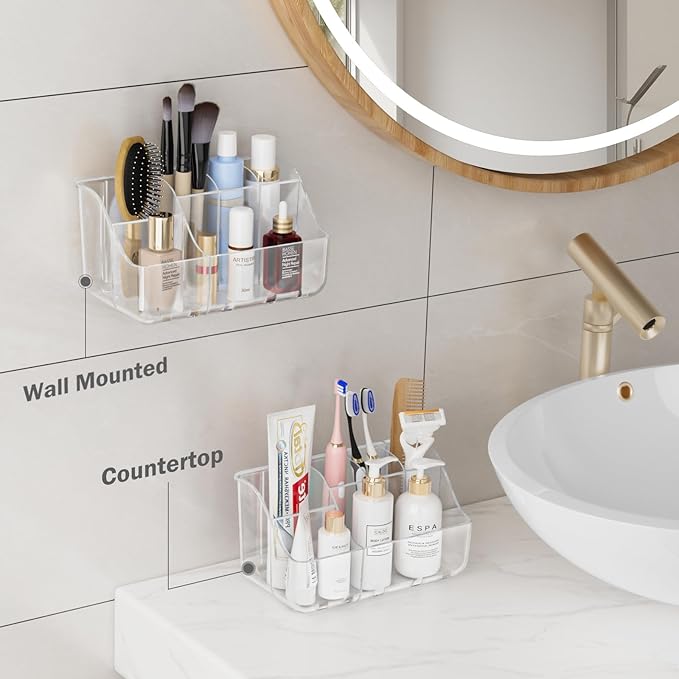 Clear Toothbrush Holders for Bathroom Organizers and Storage, Wall-Mounted Tooth Brush Holder and Toothpaste Holder for Bathroom Wall, Countertop - Bathroom Accessories, 2 Packs