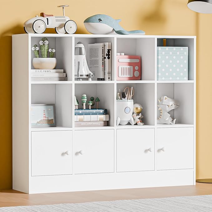 Cozy Castle White Wood Bookcase,12 Cube Storage Organizer Bookshelf with 4 Doors,3 Tier Storage Cabinet with Adjustable Shelves for Bedroom, Living Room, Office