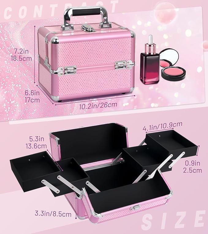 Makeup Train Case Cosmetic Organizer Case Makeup Box Portable Make Up Artist Travel Case with 4 Trays Dividers Lockable Hard Train Case Nail Tech Supply Storage - Crystal Pink