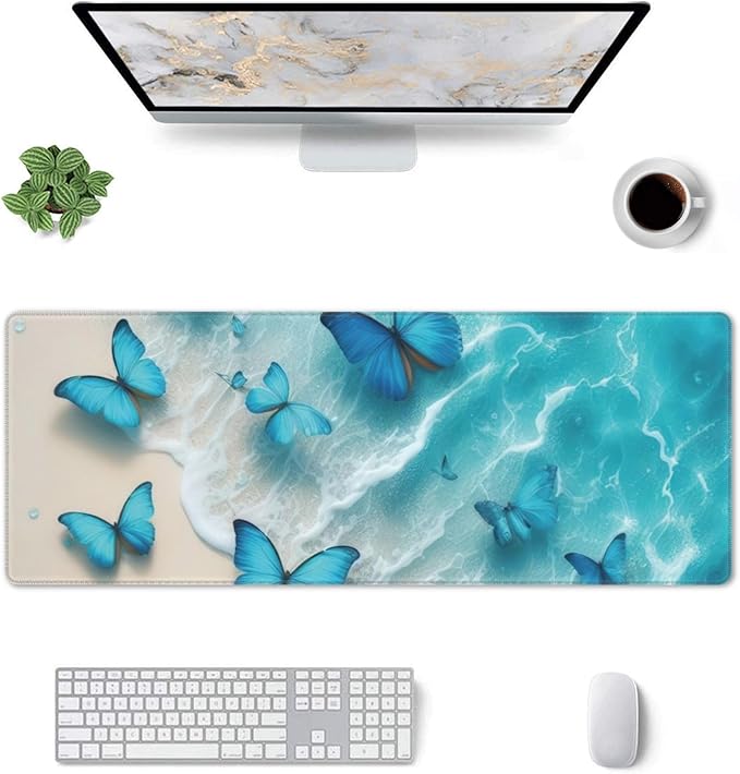 Blue Butterflies Beach Large Mouse Pad, Blue Gaming Desk Mat, XL Keyboard Desk Pad Mat for Desktop, 31.5"x11.8" Non-Slip Base Big Mousepad with Stitched Edges