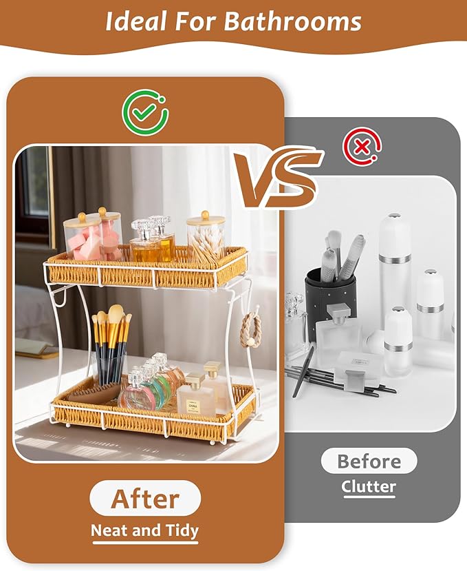 Bathroom Organizer Countertop Perfume Organizer Makeup Organizer Cosmetics Storage Display Rack Vanity Tray, Handwoven Imitation Rattan Tray Perfume Holder for Dresser, Kitchen, Counter (White)