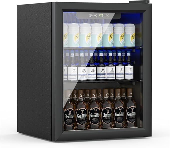 1.6 Cubic Feet Mini Fridge, 70 Can Freestanding Beverage Refrigerator with Glass Front Door for Soda, Beer Under Counter Small Refrigerator with Adjustable Shelves and Digital Display(Black)