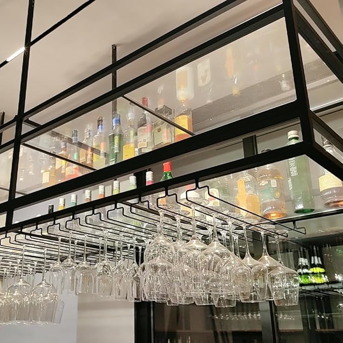 59IN Acrylic Ceiling Wine Glass Rack with Transparent Shelves, Hanging Wine Rack with Glass Holder and LED Lights, 2 Layer Ceiling Bottle Holder Shelf for Bar Kitchen Decorate (59in/150cm)