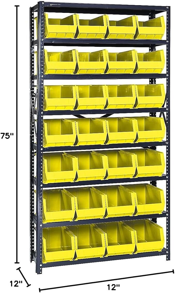 Quantum Storage Systems QSBU-240YL Giant Open Hopper Steel Shelving System, 12" D x 36" W x 75" H, with 8 Shelves and 28 QU240 Bins, Yellow