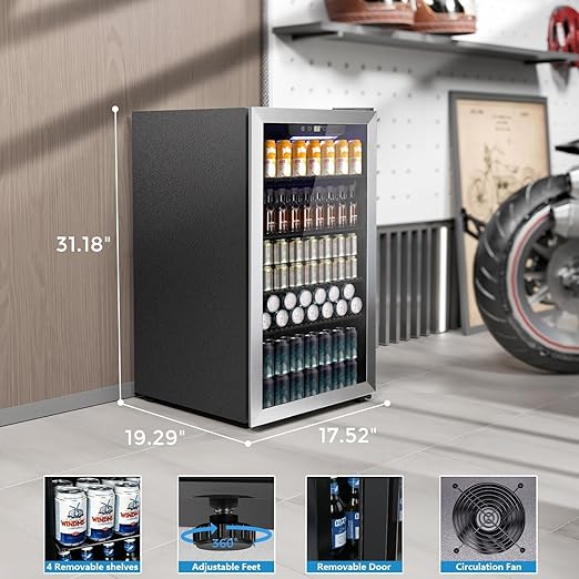 COWSAR Wine Cooler, 26 Bottle 130 Can Beverage Refrigerator, ETL Approved Mini Drink Fridge Clear Glass Door Quiet Compressor Adjust Temp 3.2 Cu.Ft Wine Fridge for Soda Beer