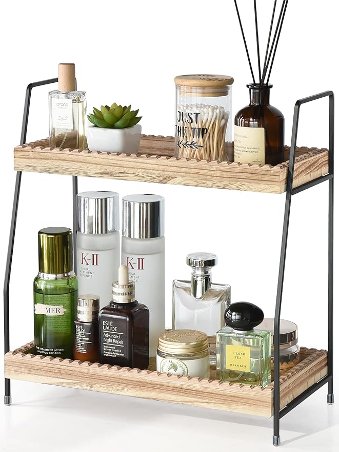 2 Tier Bathroom Countertop Organizer, Wood Bathroom Organizers and Storage, Slotted Edge Counter Shelf for Storage, Farmhouse Countertop Organizer for Bathroom, Kitchen, Coffee