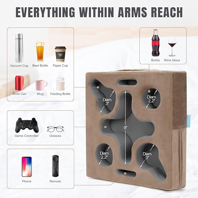 Couch Cup Holder-Sofa Cup Holder Pillow Tray Caddy Cupholder Hearted for Bed, Rv, Tv, Car, Man Cave, Backseat for Remote, Drinks, Snacks (Square-Lightbrown)