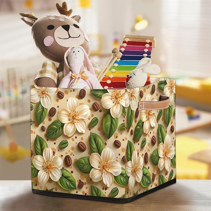TropicalLife 13x13x13 Inch Large Fabric Storage Cube Beige Floral Print Foldable Storage Bin with Handles Organizer Boxes Cube Basket for Shelves Organizing Closet