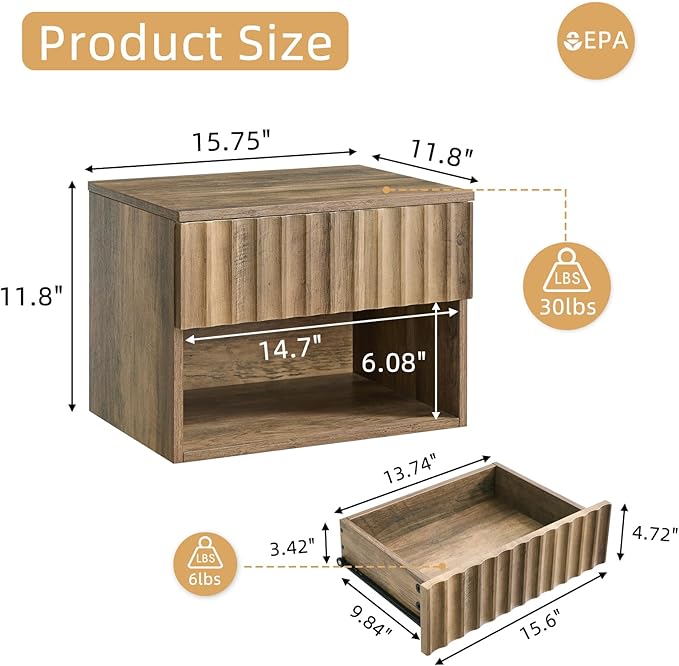 Floating Nightstand with Fluted Drawer - Modern Wall Mounted Bedside Table with Open Storage Shelf, Small Night Stand TV Stand for Bedroom(Rustic Brown, Set of 2)