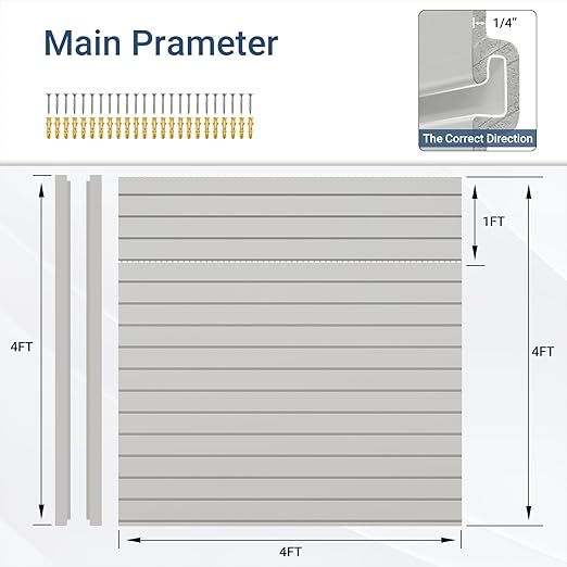 Slatwall Panel 4 FT x 4 FT, Interlocking Slat Wall Paneling, Wall Mounted PVC Wallpanel, Suitable for Garage Storage and Organizer, Slatwall Board, Shelves - Grey