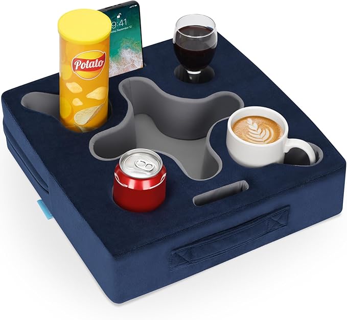 Couch Cup Holder-Sofa Cup Holder Pillow Tray Caddy Cupholder for Bed, Rv, Tv, Car, Man Cave, Backseat for Remote, Drinks, Snacks (Square-NavyBlue)