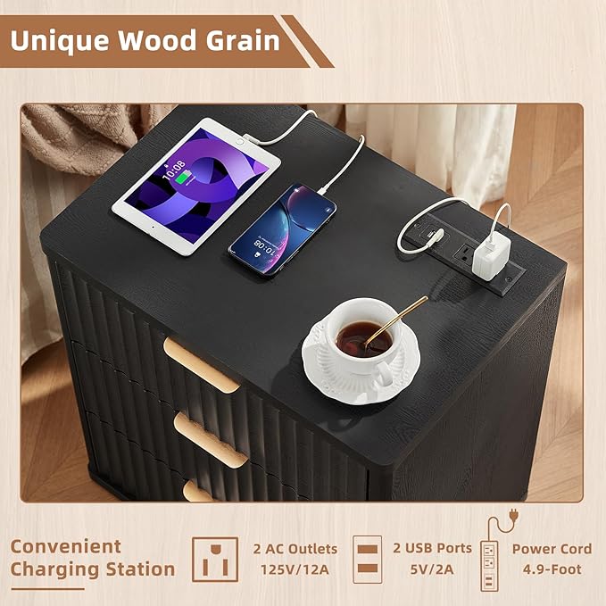 LEYAOYAO 23" Wide Fluted Farmhouse Night Stand Set of 2 with Charging Station, 3 Drawers Large End Table w/Metal Handle,Black Nightstand Bedside Table,Wood Dresser for Bedroom, Closet