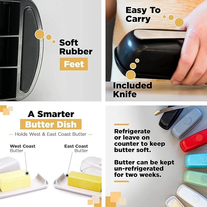 Butter Hub Extra Large Butter Dish with Lid and Knife, European Size Magnetic Butter Keeper, Easy Scoop, No Mess Lid, Plastic, Dishwasher Safe (Black)