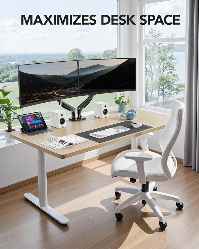 HUANUO Dual Monitor Stand, Fully Adjustable Monitor Desk Mount for 13–32″ Computer Screens, Full Motion VESA 75x75/100x100 with C-Clamp & Grommet Base, Each Arm Holds 4.4 to 19.8 lbs