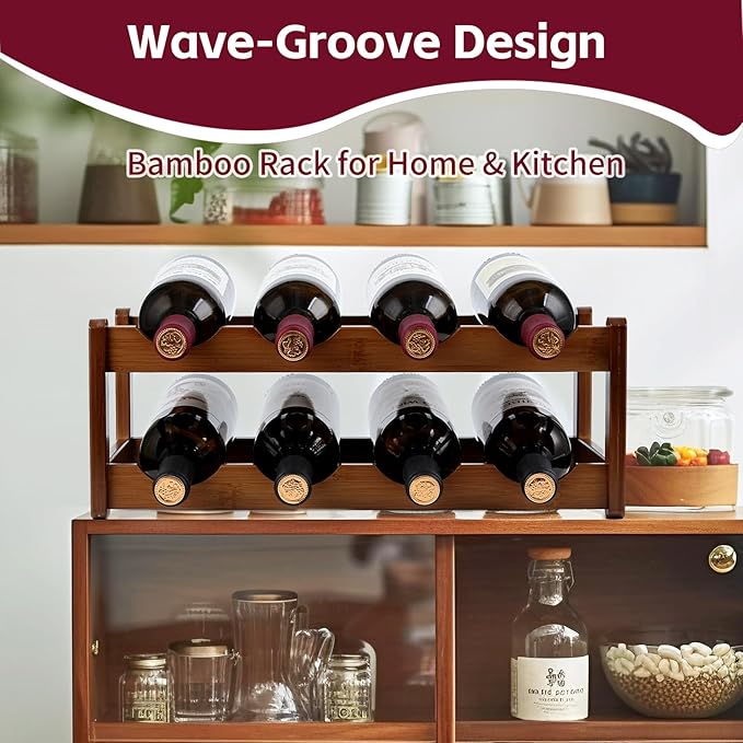 Wine Rack Storage,Bamboo Wine Racks Cabinet Shelf,2-Tier 8 Bottles Freestanding Wine Bottle Holder for Basement,Kitchen,Countertop
