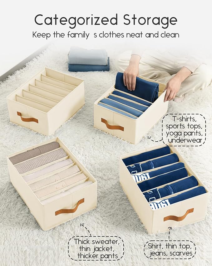 Closet Organizers and Storage - Fabric Clothes Organizer with Handles, Foldable Jeans Organizer for Clothes, Drawer Organizer for Shirts, Bra, Sweater, Scarf, 4 Pack, Beige