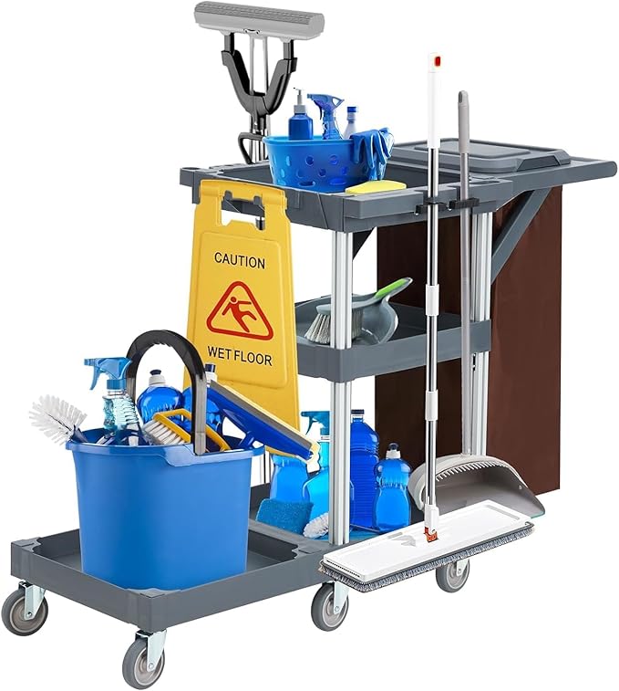 3 - Shelf Heavy - Duty Commercial Janitorial Cart with Wheels - 16 - Gallon Trash Bag Included, 220 Lbs Capacity, Perfect for Hotels, Schools, Apartments and More