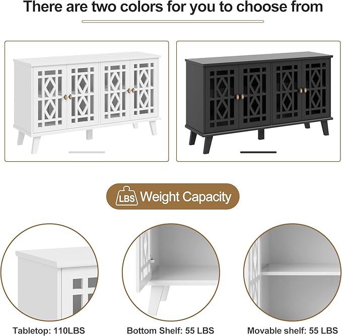 Scurrty 52" Buffet Cabinet with Storage,Sideboard with 4 Doors, Skeletonized Coffee Bar with Storage, Sideboard Cabinet for Dinning Room, Kitchen & Living Room (White)