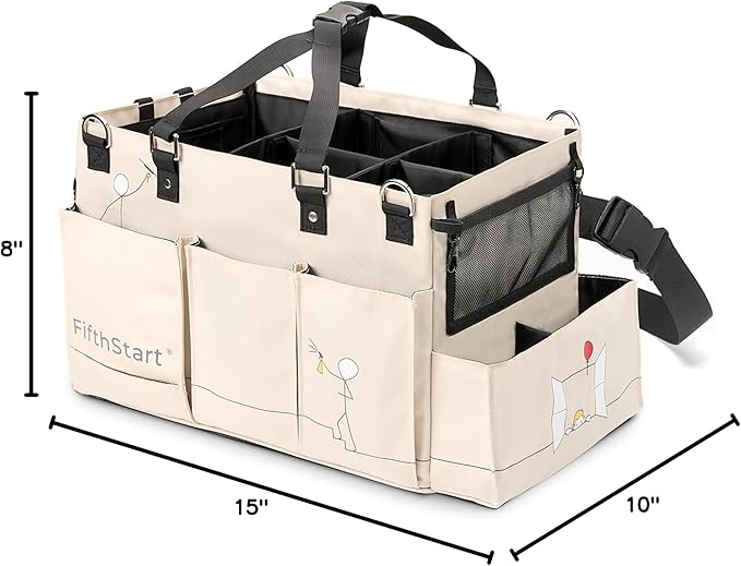 FifthStart Multiuse Cleaning Caddy with Waist & Shoulder Strap,9 Pockets Professional Bag, Mesh Base & Adjustable Compartments - Beige Large Organizer with Handle - Cleaning Caddy Bag (Beige, Large)