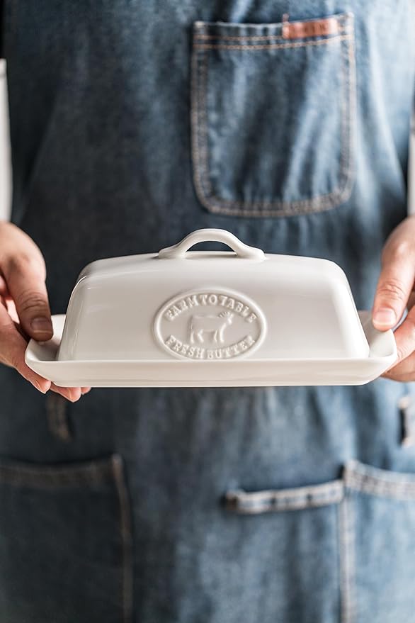Cow Butter Dish, Ceramic Butter Dish with Lid for Countertop, White Butter Tray with Handle, Farmhouse Covered Butter Holder Container for East West Coast Butter Storage