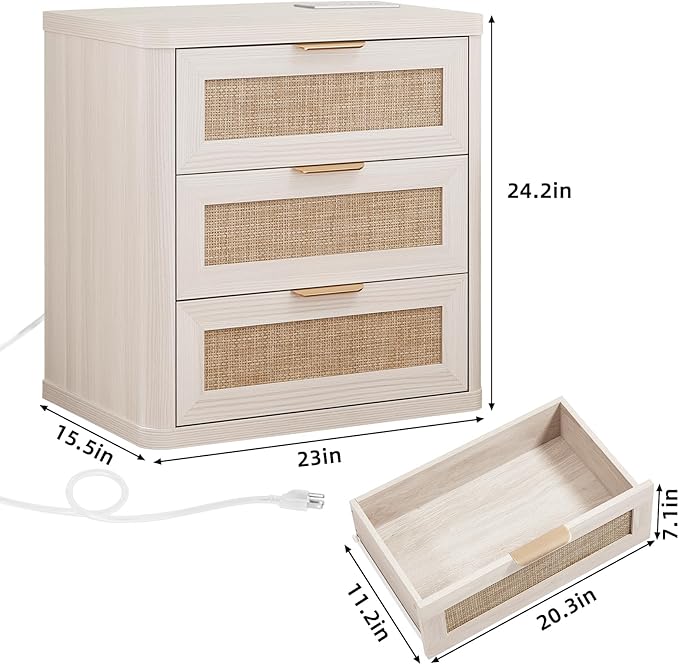LEYAOYAO Rattan Night Stand Set of 2 with Charger Station, 23" Large 3 Drawer Boho Nightstand, Grey White Bedside Table Storage Cabinet, Bed Side End Tables for Bedroom, Living Room, Hallway