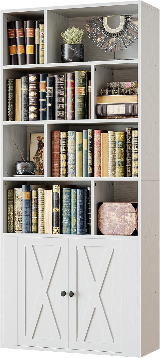 IRONCK Bookcase with Doors, Tall Bookshelf with Storage, Bookshelves and Bookcases with 8 Open Cubes for Living Room, Bedroom, Office
