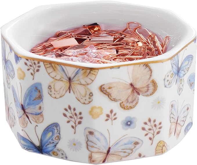 Ceramic Paper Clip Holder Gold Line Paper Clip Dispenser Organizer for Desk Cute Floral Butterfly Pattern Office Binder Clip Holder Bobby Pin and Hair Clip Holder Gift for Office Butterfly