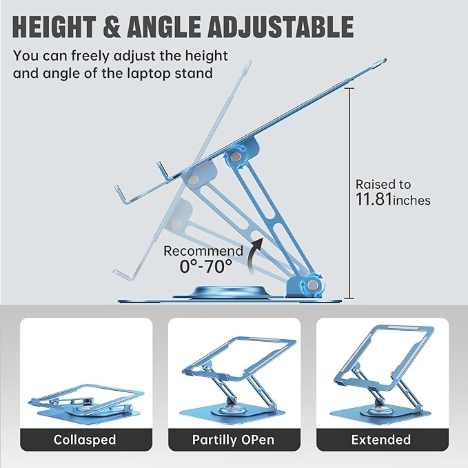 Laptop Stand for Desk, Adjustable Computer Stand with 360° Rotating Base, Ergonomic Laptop Riser for Collaborative Work, Foldable & Portable Laptop Stand, fits for All 10-16" Laptops (Blue)