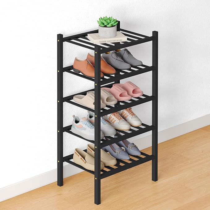 Smiry Bamboo Shoe Rack for Closet, 5 Tier Small Wooden Stackable Shoe Organizer, Free Standing Shoes Storage Shelf for Entryway, Front Door Entrance, Black