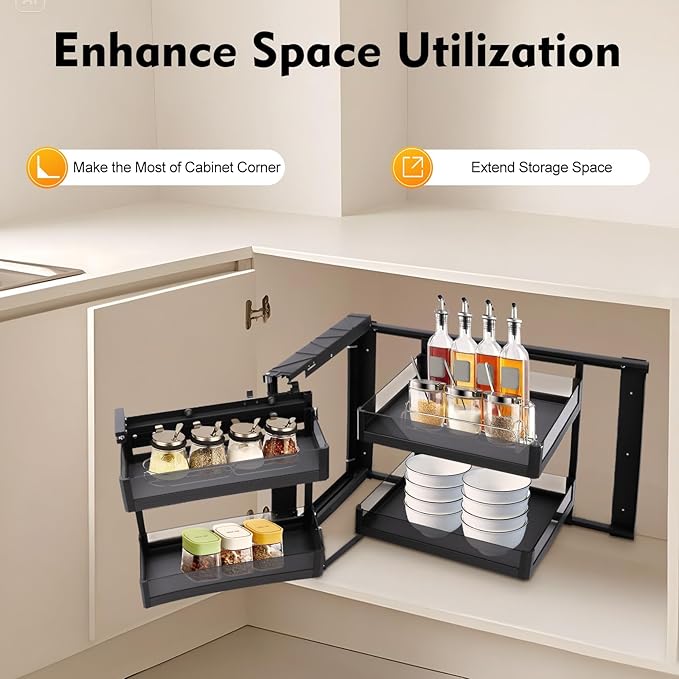 Blind Corner Cabinet Pull Out Organizer, 14 Inch 2 Tiers Pull Out Shelf with 4 Tempered Glass Baskets, 33 lbs Capacity per Basket, Adjustable Kitchen Storage for Corner Cabinet