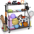 Sports Equipment Organizer, Outdoor Toy Storage - Garage Storage with 2 Side Racks & Removable Baskets, Heavy-Duty Garage Organization Ball Cart with Wheels for Sports