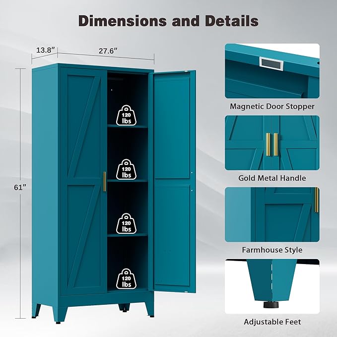 Metal Pantry Cabinet, 61" Tall Kitchen Storage Cabinet with 2 Doors and 3 Adjustable Shelves for Kitchen, Living Room, Dining Room, Bathroom and Home, Office