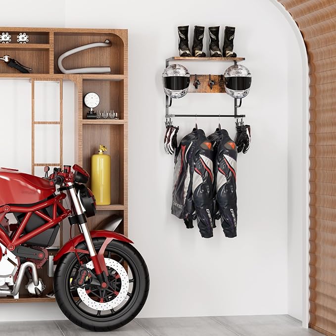 Motorcycle Helmet Holder Wall Mounted, Helmet Rack Wall Mount with Helmet Rack, 4 Glove Chips and 4 hooks, Rustic Helmets Holder and Motorcycle Helmets Racks for Most of Helmet and Clothes