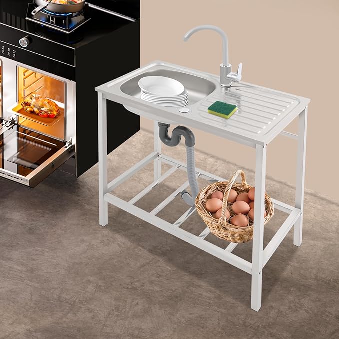 Free Standing Stainless Steel Sink 30" Commercial Sinks with Operation Countertop and Bottom Shelf Utility Sink for Restaurant Cafe Bar Hotel Garage Laundry Room Outdoor