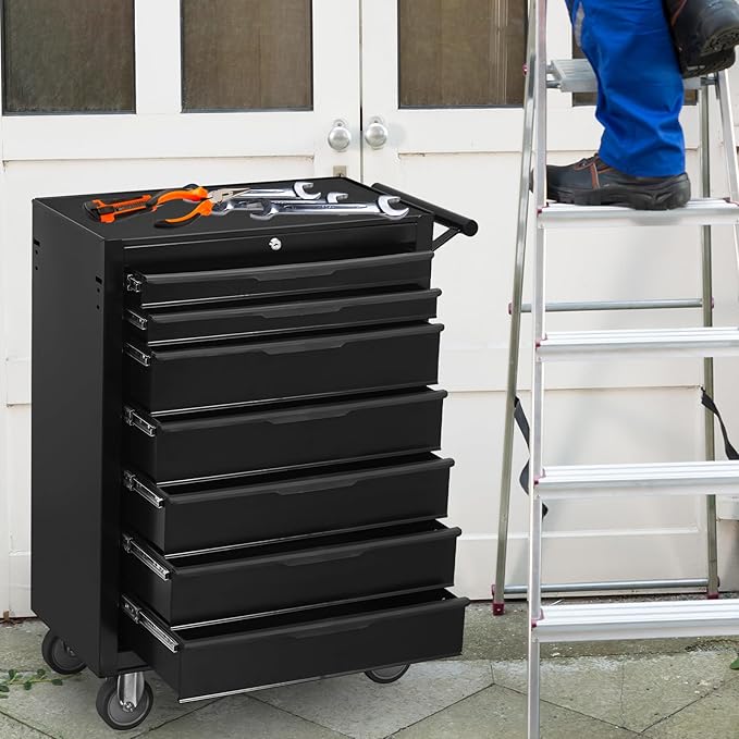 7-Drawer Rolling Tool Chest Cabinet, Large Capacity Metal Tool Box with Wheels and Cylinder Locking, Roll Around Storage Organizer Tool Cart for Garage, Warehouse, Work Shop - Black