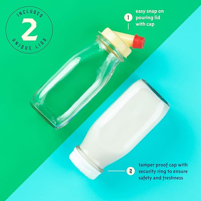 kitchentoolz 12 Oz Square Glass Milk Jugs with Caps - Perfect Milk Container for Refrigerator - 12 Ounce Glass Milk Bottle with Tamper Proof Lid and Pour Spout - Pack of 2