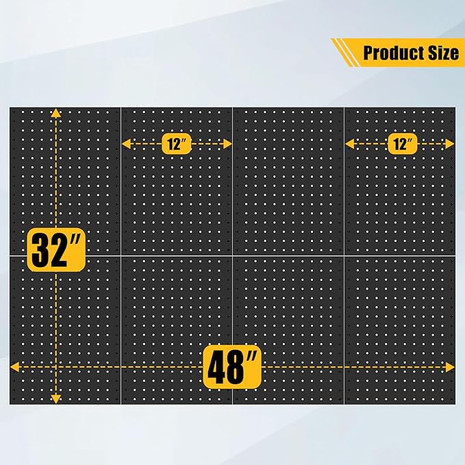 PBHEPJ 8 Pcs Metal Pegboard Panels, Heavy Duty Peg Boards for Garage and Garden Tool Storage, Includes Drywall Anchors and Screws Kits, Black (8 pcs 16in x 12in)