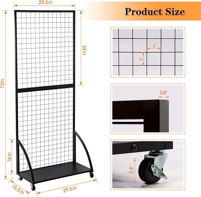 Eastern Tree Grid Wall Panels, Black Gridwall Panels Stand with Base Plate, Wire Grid Wall Panel Display with Wheels, Craft Show Display Rack, Retail Display with 20 Pieces Hooks, 2 Packs 2.5'x 6'