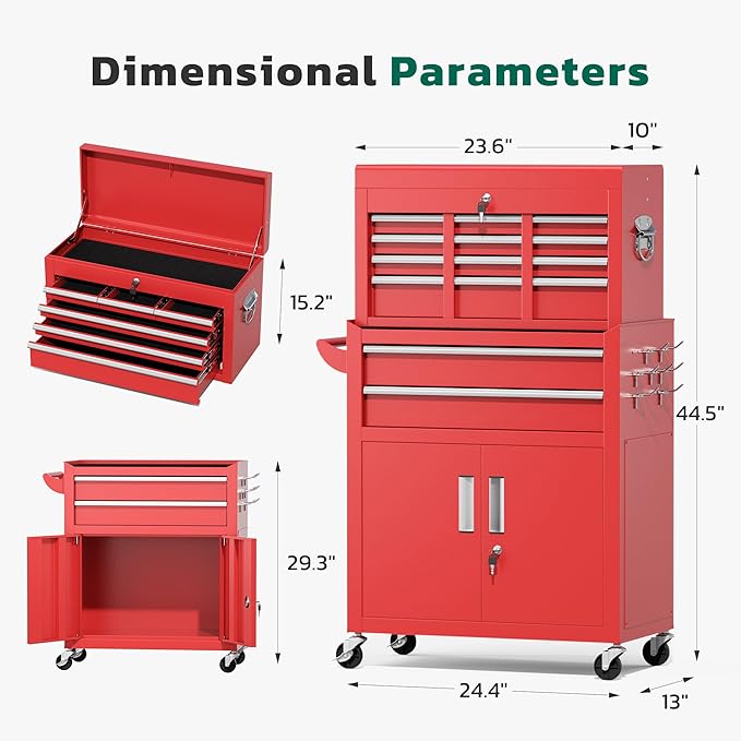 Greenvelly Tool Chest, 8-Drawer Rolling Tool Chest with Hooks and Lockable Wheels,Metal Storage Detachable Top Tool Box with Lockable Wheels for Garage,Workshop,Art Studio(Red)
