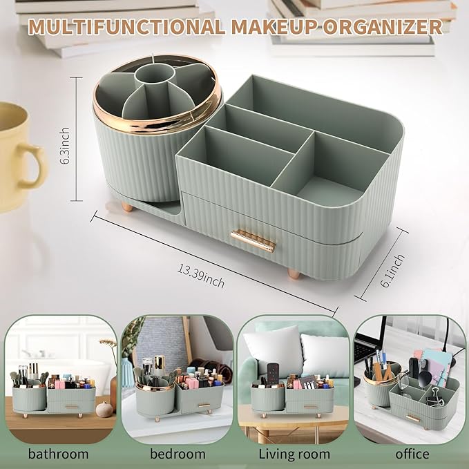 Makeup Organizer for Vanity, Cosmetic Display Case with Drawers, Fits Makeup, Skincare Products, Brushes, Lipsticks, and Other Accessories, Versatile Storage Solution (Green)