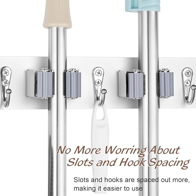 Mop and Broom Holder Wall Mount - White Broom Mop Hanger - Wall Mounted Garden Tool Rack Organizer for Closet Garage Laundry Room Kitchen Decor With 5 Slots & 4 Hooks