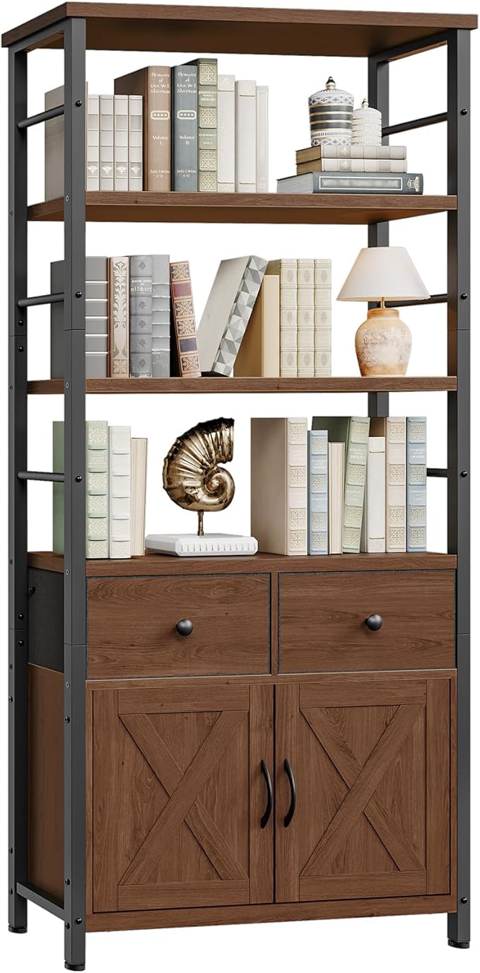 HOOBRO Bookshelf with Doors, Rustic Bookshelf with Drawers, Industrial Display Standing Shelf Units, Wooden and Metal Storage Shelf for Living Room, Home Office, Dining Room, Walnut and Black BH75SJ01