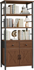 HOOBRO Bookshelf with Doors, Rustic Bookshelf with Drawers, Industrial Display Standing Shelf Units, Wooden and Metal Storage Shelf for Living Room, Home Office, Dining Room, Walnut and Black BH75SJ01