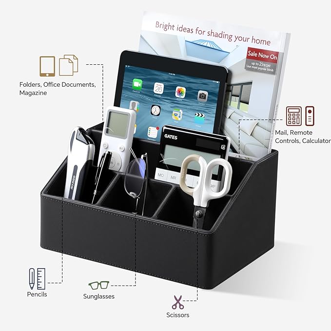 Remote Control Holder with 5 Compartments for Office Art Supplies, PU Leather Nightstand Organizer Pencil Pen Desk Caddy for Home, Desktop TV Remote Control Organizer Storage (Black)
