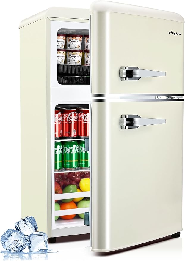 Fridge with Freezer, 3.2 Cu.Ft Retro Double Door Refrigerator with 7 Level Thermostat, Adjustable Removable Glass Shelves for Bedroom Office Apartment Dorm Bar, White