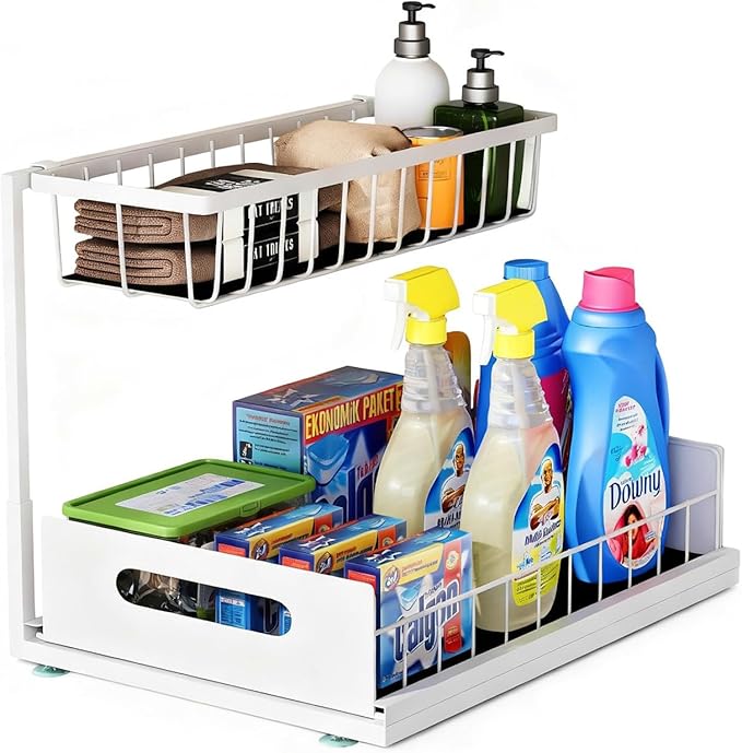 Under Sink Organizer, 2 Tier Under Sink Organizers and Storage Multi-Purpose Under Sink Storage for Bathroom Kitchen (White)