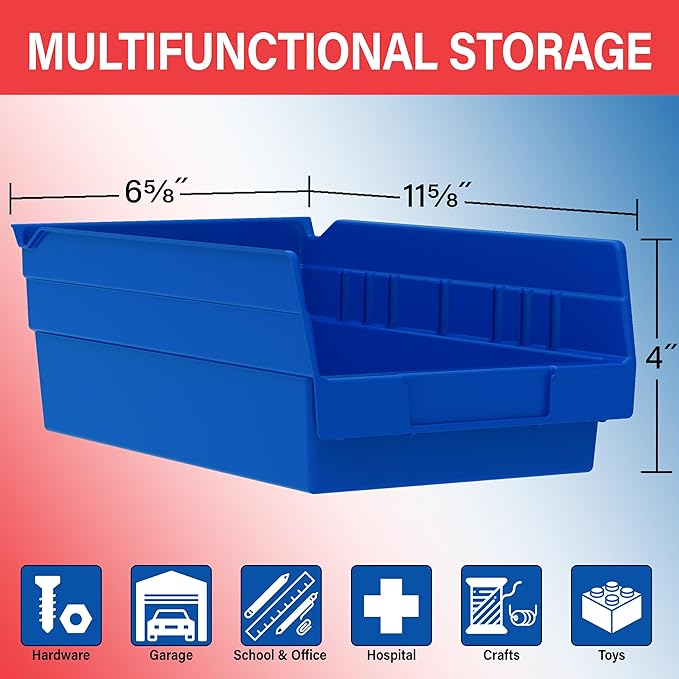 Akro-Mils 30130 Plastic Shelf Bins, Heavy Duty Storage Bins for Garage, Closet, and Drawer Organization, 12-Inch x 6-1/2-Inch x 4-Inch, Blue, 12-Pack