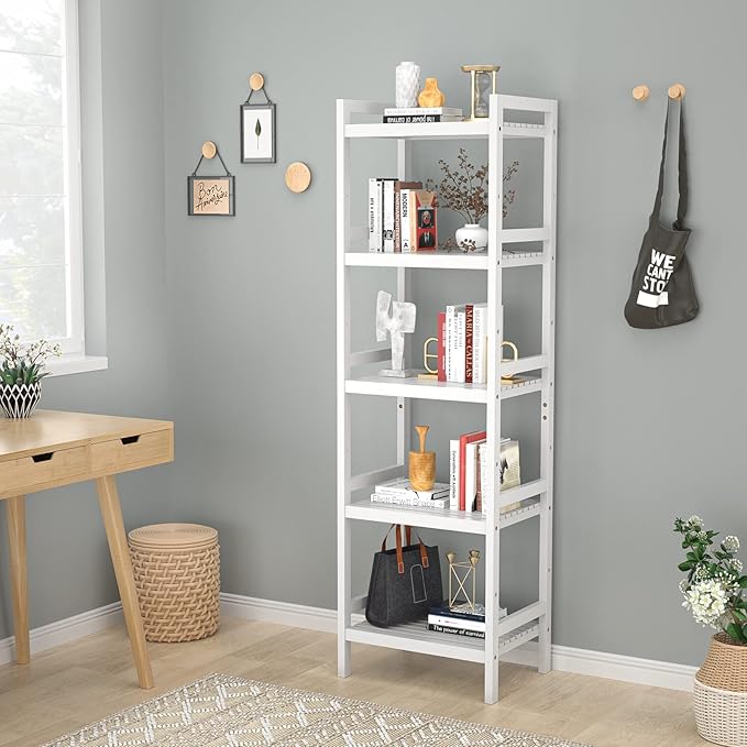 Homykic Bamboo Bookshelf, 5-Tier Narrow 55.9” Adjustable Book Shelf Bookcase Bathroom Shelves Freestanding Storage Stand for Living Room, Bedroom, Kitchen, Rust Resistance, Easy Assembly, White